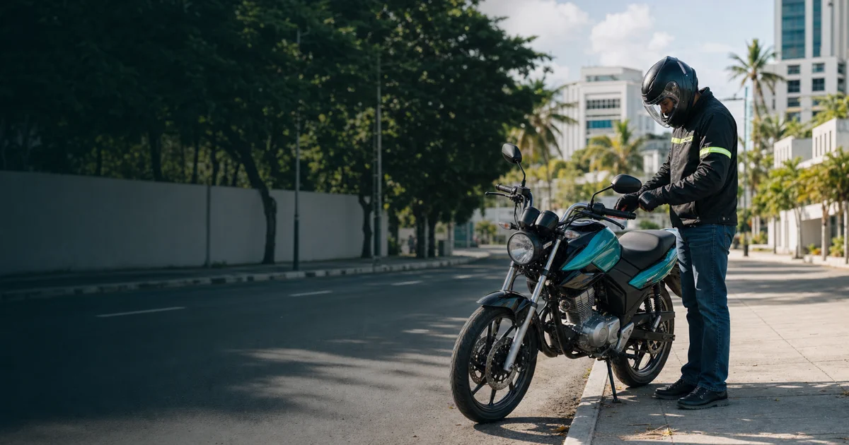 Motorista revisando su motocicleta antes de circular en Santo Domingo