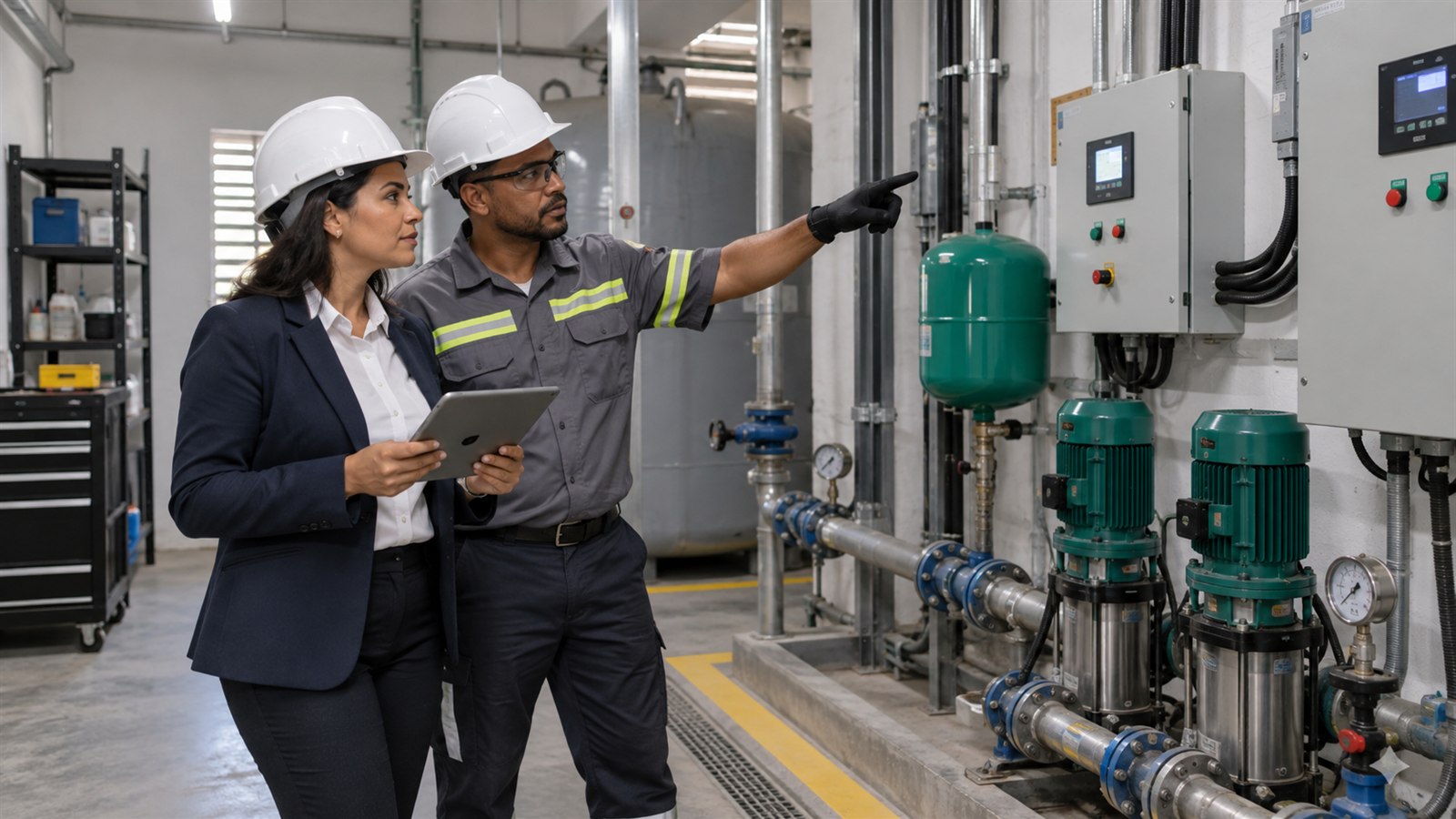 Administradora y técnico revisando bombas y controles de un condominio