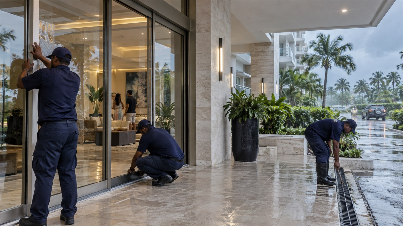 Equipo de mantenimiento preparando la entrada de un condominio antes de lluvia tropical