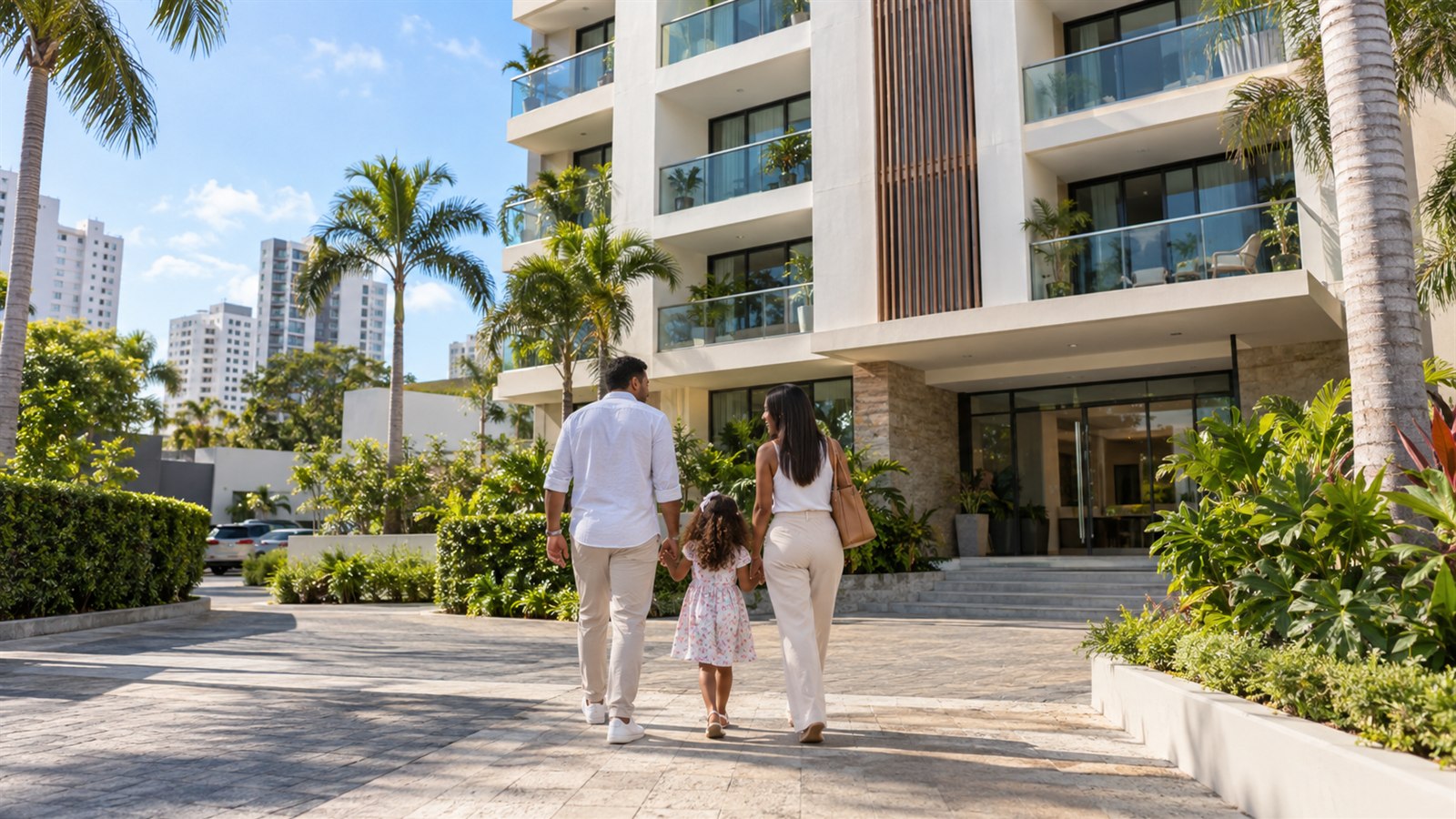 Familia dominicana entrando a un condominio residencial moderno