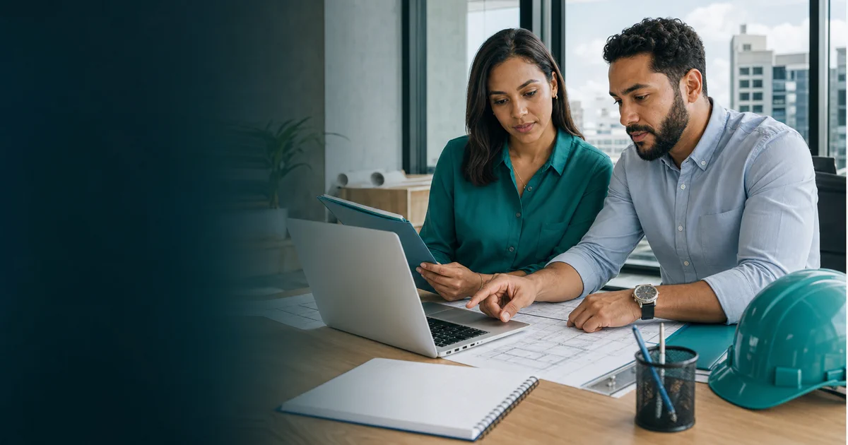 Equipo empresarial revisando documentos para una licitación